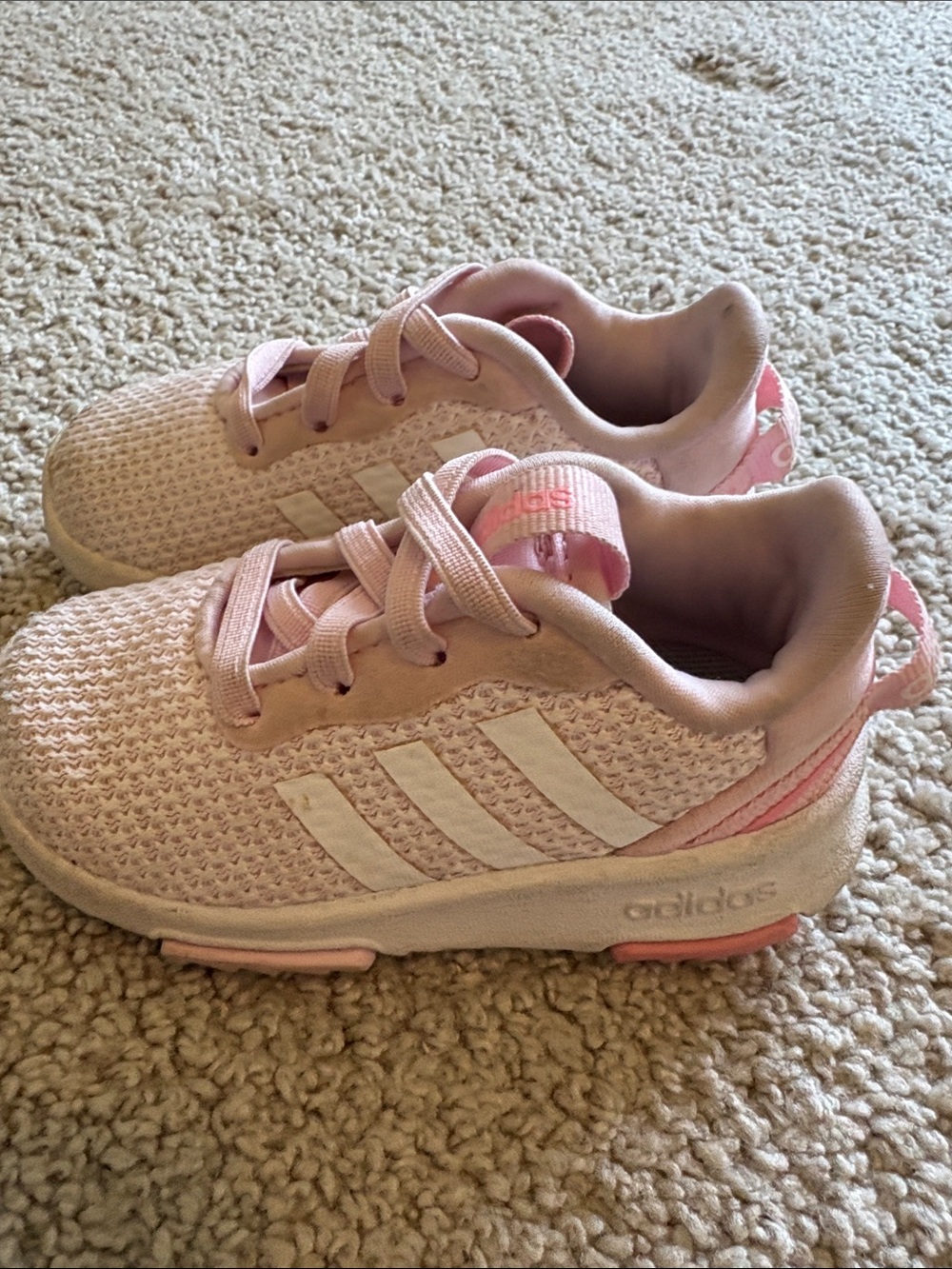adidas Kids Light Pink Knit Sneakers with White Stripes